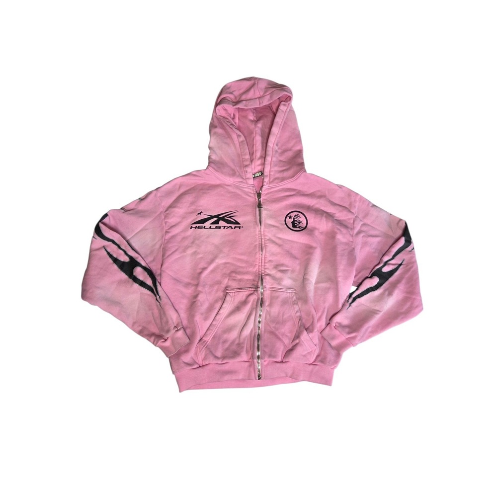Hellstar Studios Pink Graphic Zip Up Hoodie Mens Large Flame Sleeve Streetwear - Picture 2 of 12